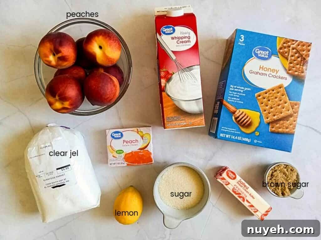 Ingredients: peaches, graham crackers, butter, brown sugar, sugar, lemon juice, peach jello, and clear jel.