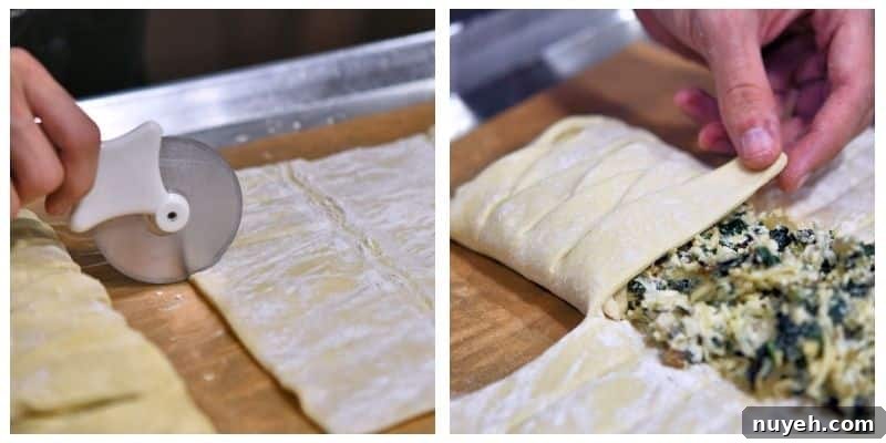 Step-by-step images of cutting the strips and folding them over to make a braid
