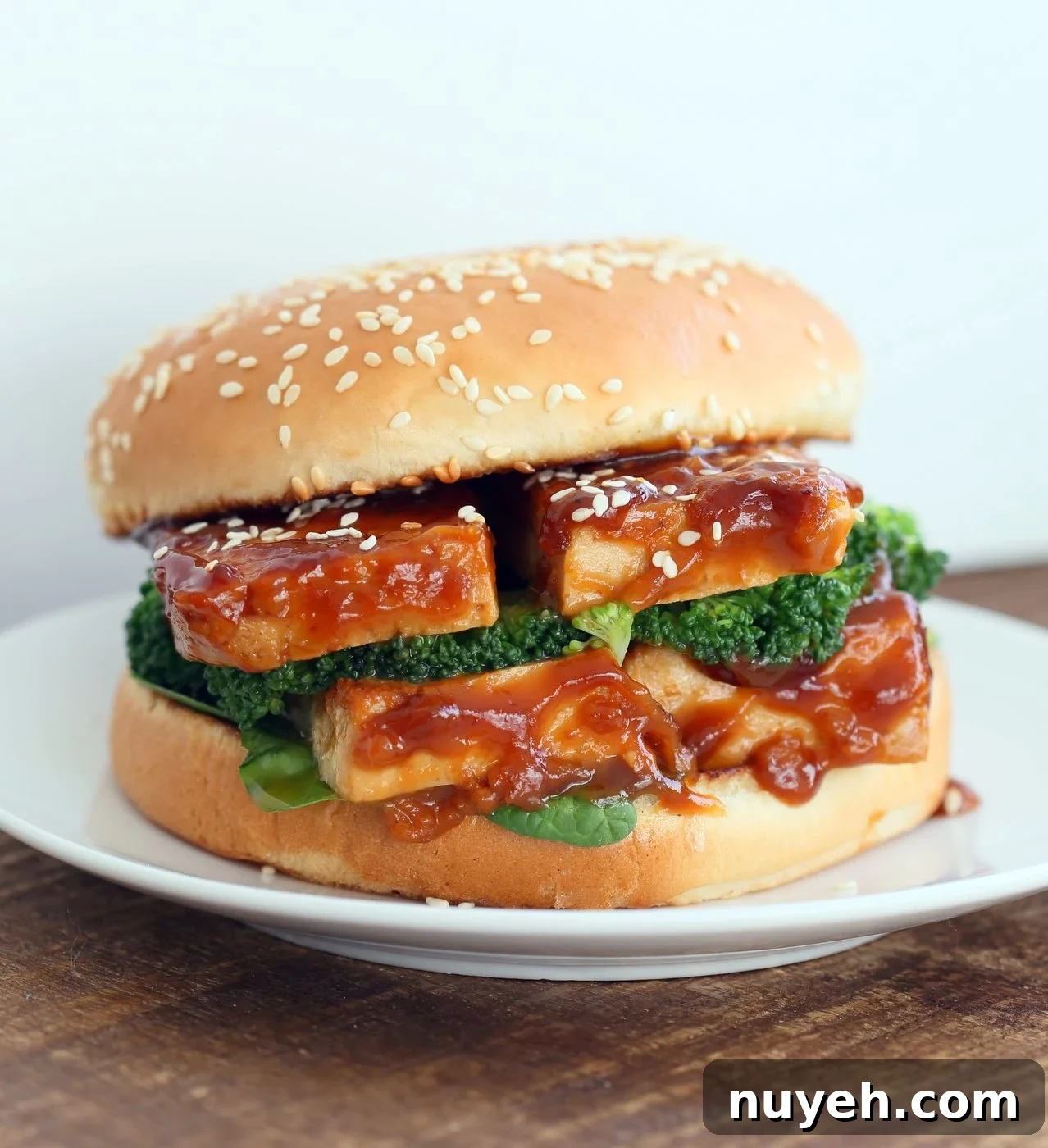 General Tso's Tofu Sandwich. Vegan General Tso Sauce Recipe. Baked tofu with blanched broccoli and greens in a sandwich.