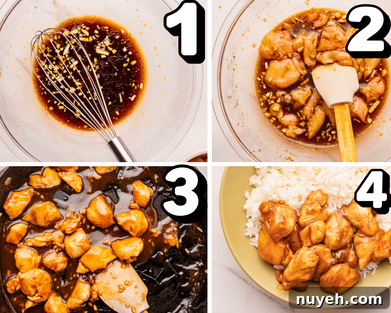 a 4 image collage showing how to make teriyaki sauce, marinate chicken, cook chicken, and serve it in a bowl with rice.