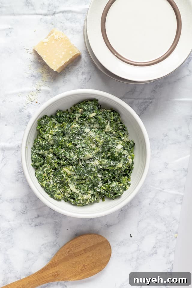 Healthy Creamed Spinach Recipe Overhead in Bowl