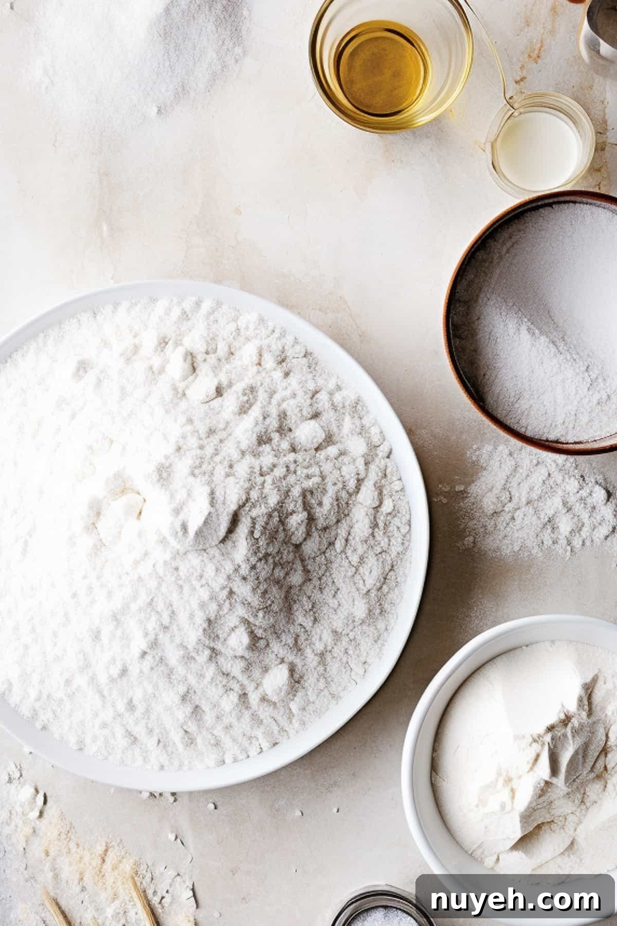 Flour, yeast and salt for making garlic flatbread.
