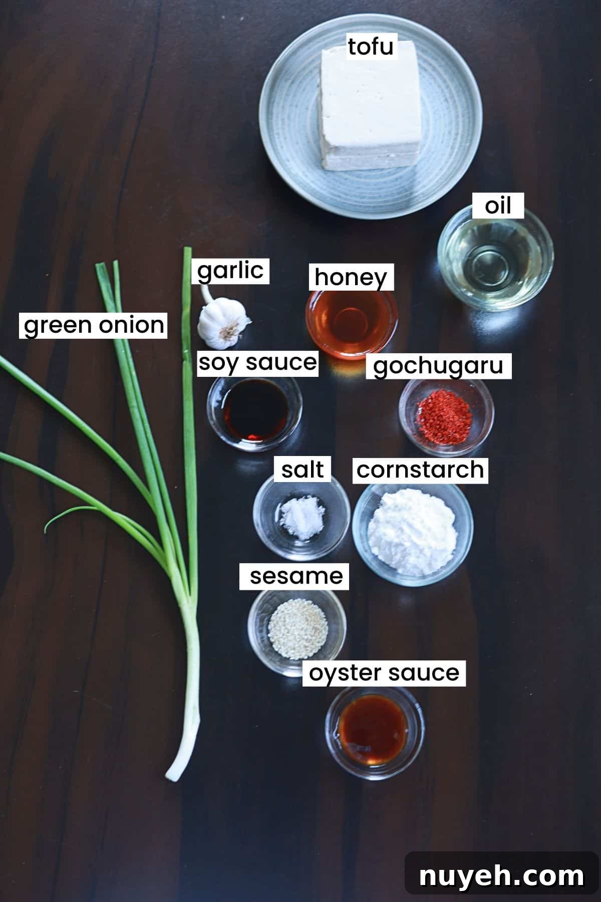 Sweet and Spicy Honey Garlic Tofu Recipe 3 A well-organized spread of ingredients for honey garlic tofu, featuring tofu, garlic, honey, soy sauce, cornstarch, and seasonings.