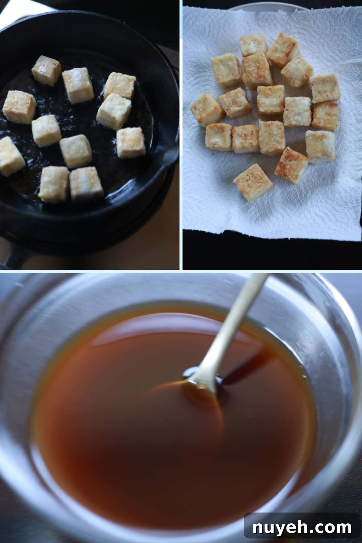 Sweet and Spicy Honey Garlic Tofu Recipe 4 Collage of pan-frying tofu until golden, keeping pan-fried tofu on a plate, and a bowl of honey garlic sauce being mixed.