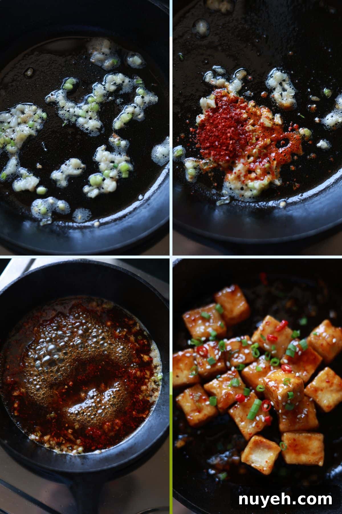 Sweet and Spicy Honey Garlic Tofu Recipe 5 Collage of sautéing aromatics in a pan, adding gochugaru, pouring in the honey garlic sauce, and adding crispy tofu cubes.
