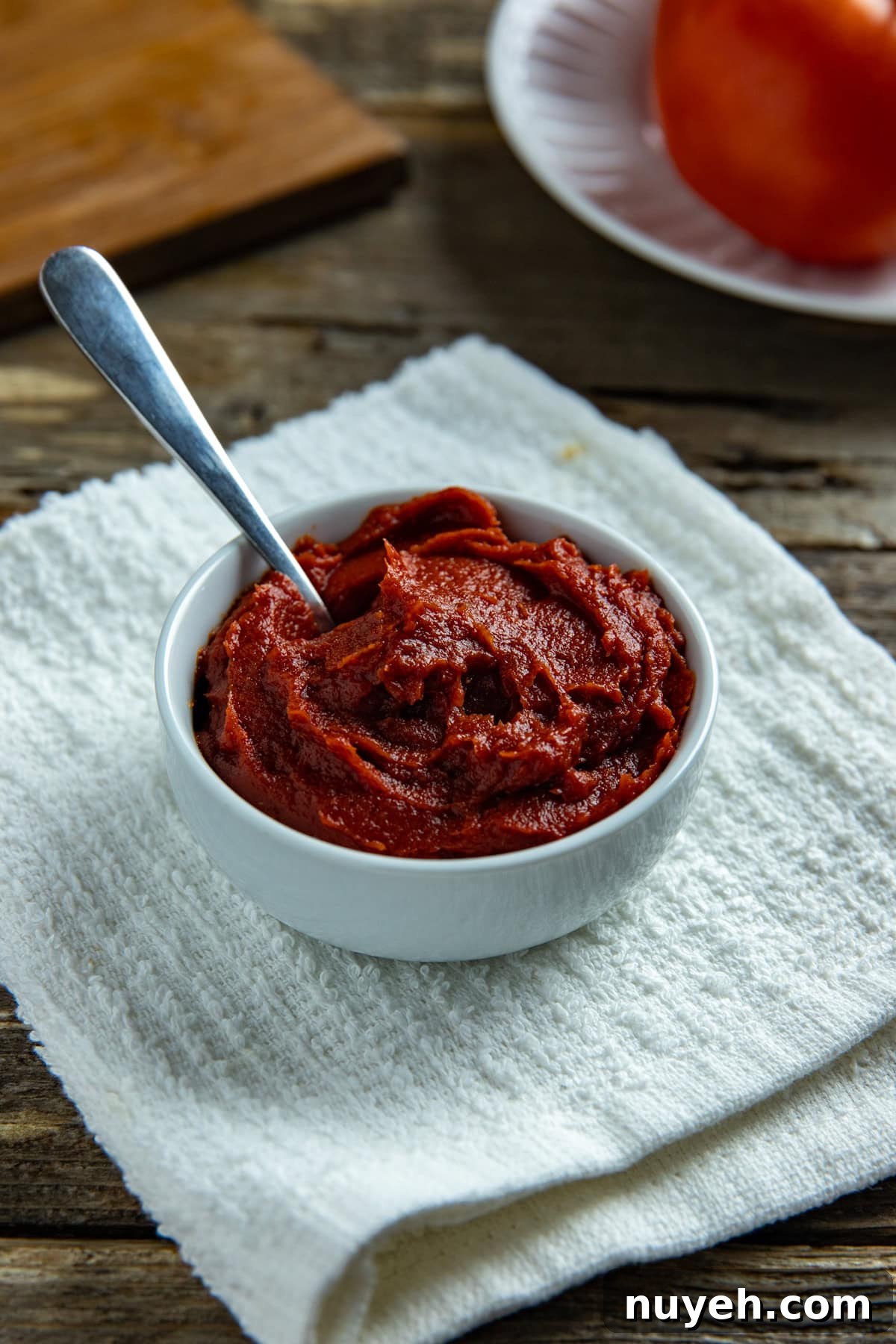 A small white bowl containing tomato paste.