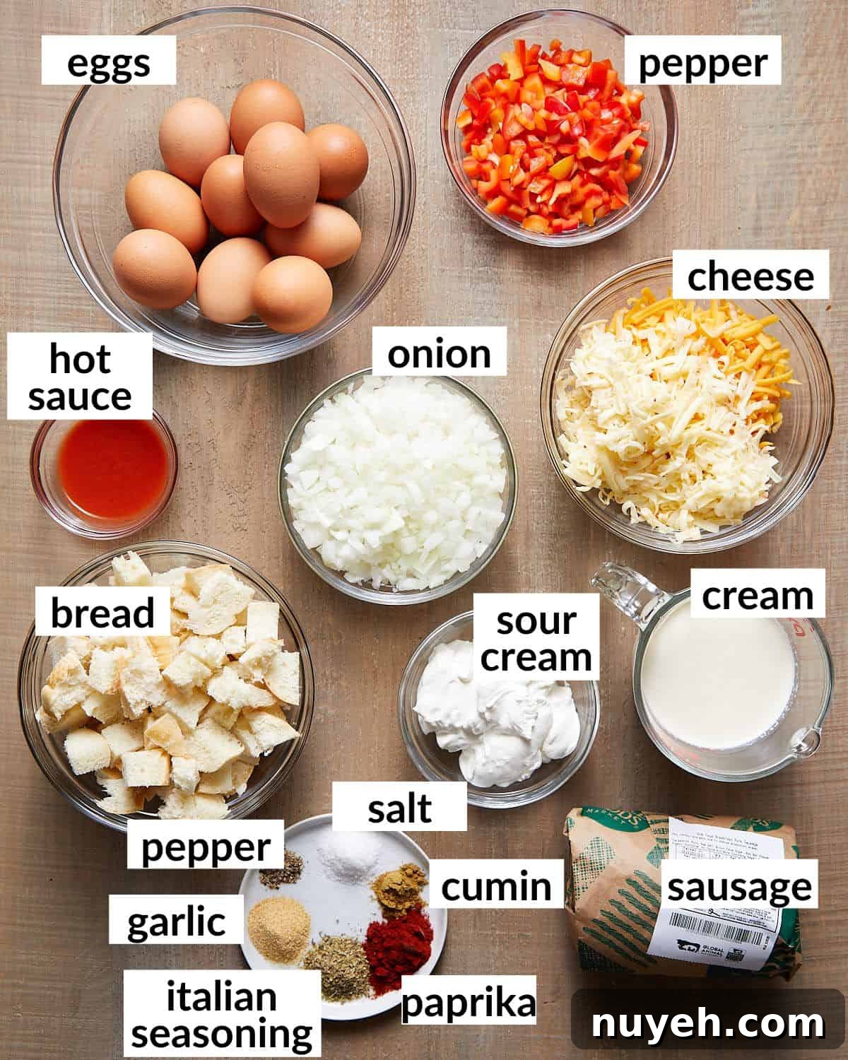 Ingredients needed to make breakfast casserole with sausage and eggs.
