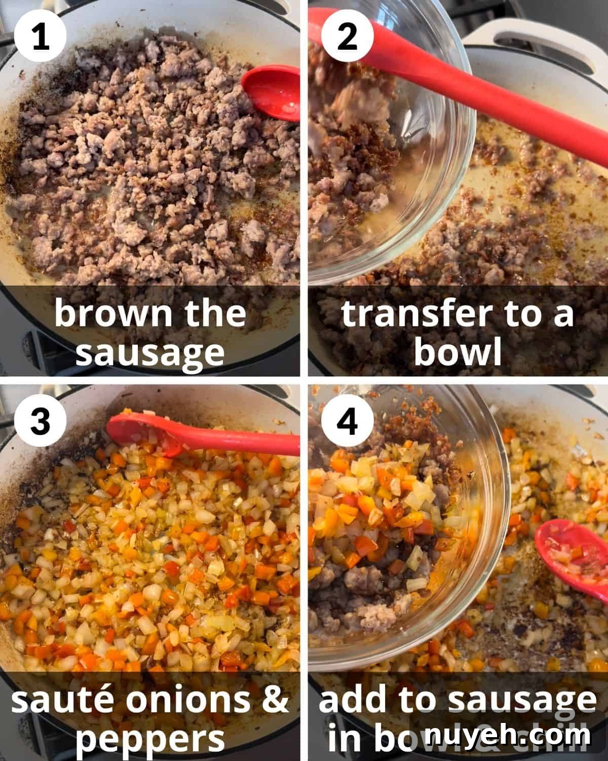 A 4 photo collage showing brown the sausage and veggies.