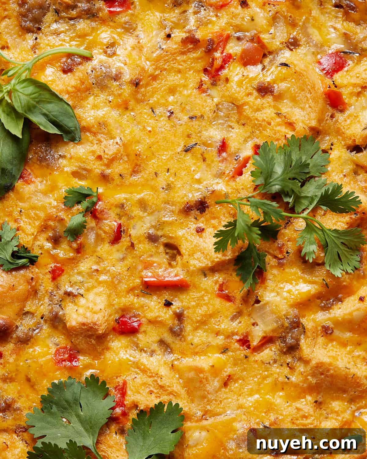 Sausage egg breakfast casserole with herbs on top. 