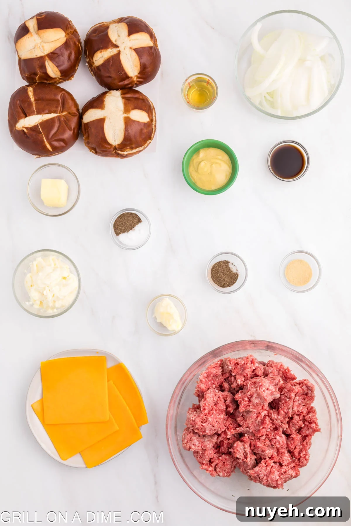 Ingredients needed - ground hamburger, salt, pepper, garlic powder, onion, butter, beer, cheese, pretzel buns, butter, mayonnaise, dijon mustard, worcestershire sauce