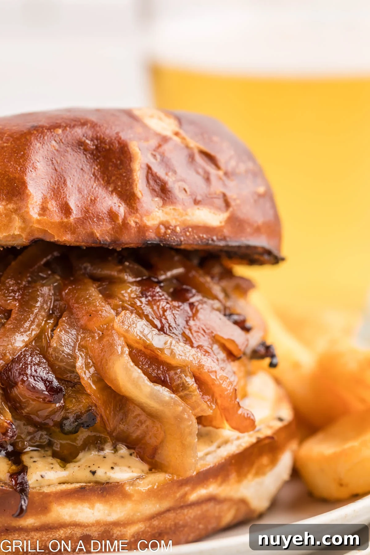 pub burger topped with carmelized onions
