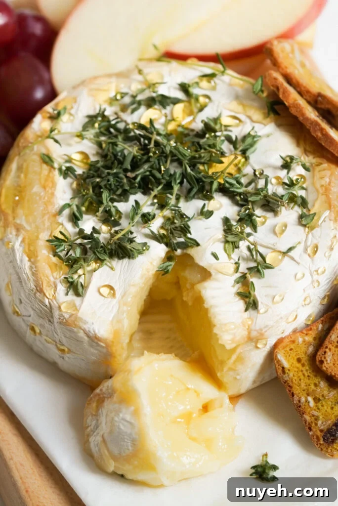 Air Fryer Baked Brie with Honey and Thyme 2 round of air fryer brie cheese topped with honey and a handful of thyme leaves.