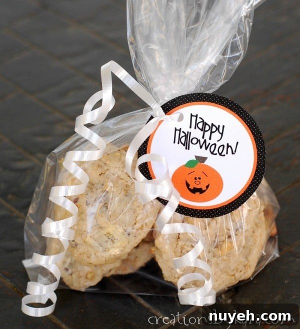 cute pumpkin gift tag on a bag of goodies