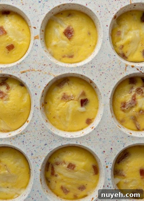 Close up of egg bite dough in a muffin tray