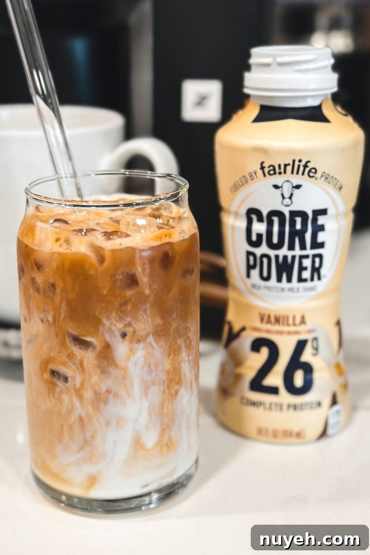 Iced Protein Vanilla Macchiato, a protein shake and coffee made with Nespresso Bianco Doppio and Fairlife Vanilla Power Core milk.
