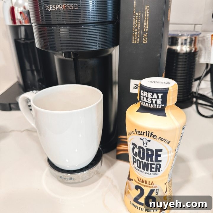 Iced Protein Vanilla Macchiato, a protein shake and coffee made with Nespresso Bianco Doppio and Fairlife Vanilla Power Core milk.
