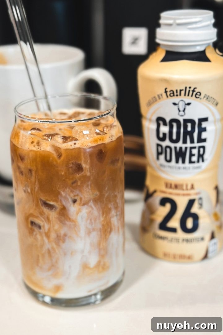 Iced Protein Vanilla Macchiato, a protein shake and coffee made with Nespresso Bianco Doppio and Fairlife Vanilla Power Core milk.