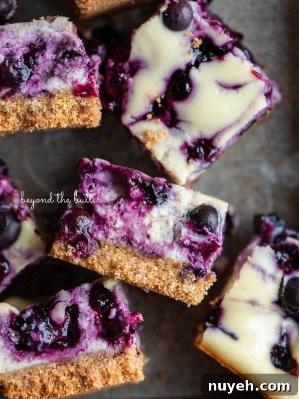 Sliced blueberry swirl cheesecake bars randomly placed in a vintage baking tin.