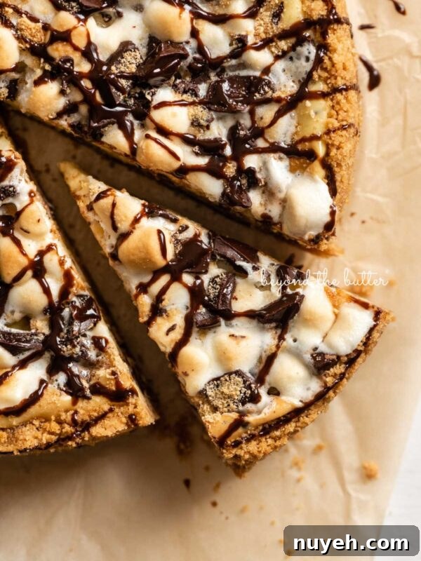 S'mores cheesecake drizzled with chocolate placed on natural parchment paper with a slice of cheesecake partially removed.