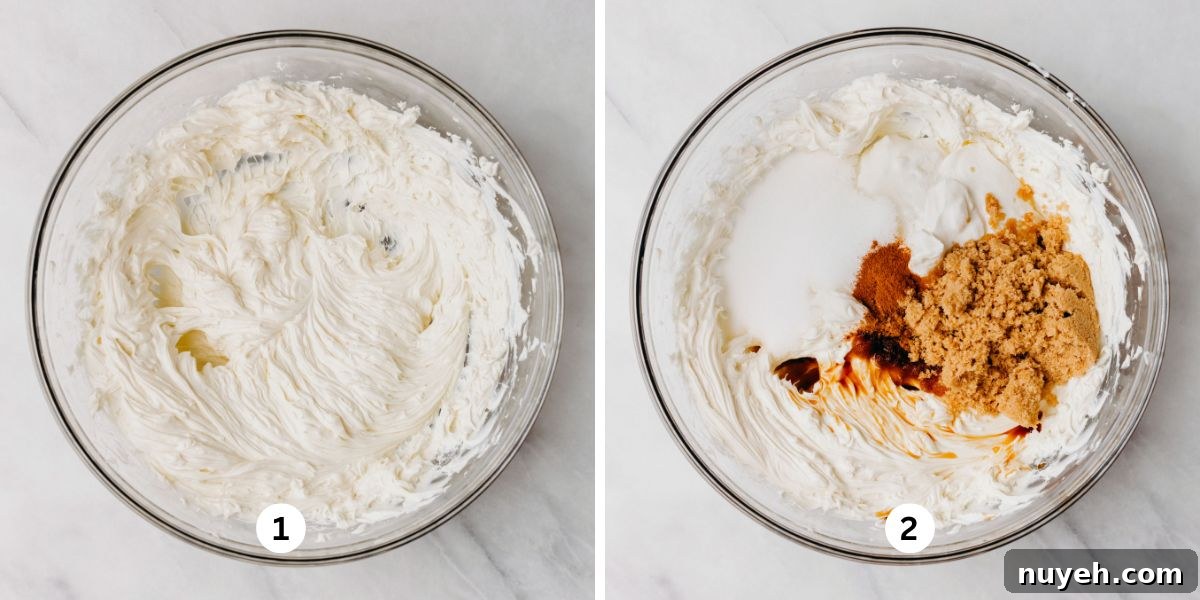 Whipping cream cheese in a glass mixing bowl, then adding in the sugars, sour cream, spices, and vanilla.