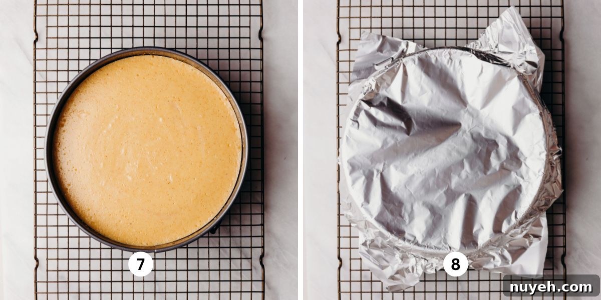 Cooled down cheesecake on a wire cooling rack, then covered loosely with paper towel and aluminum foil.