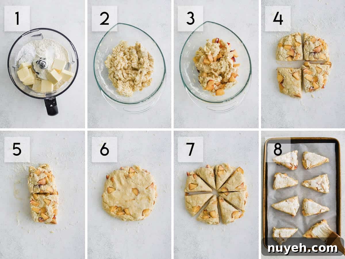 8 panel collage showing different steps of making peach scones