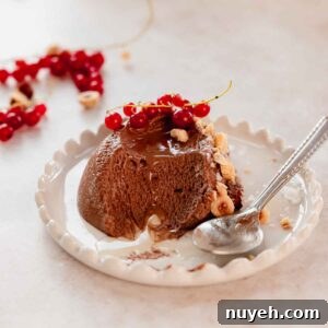 scoop of chocolate hazelnut mousse on plate with red currant and hazelnut pieces