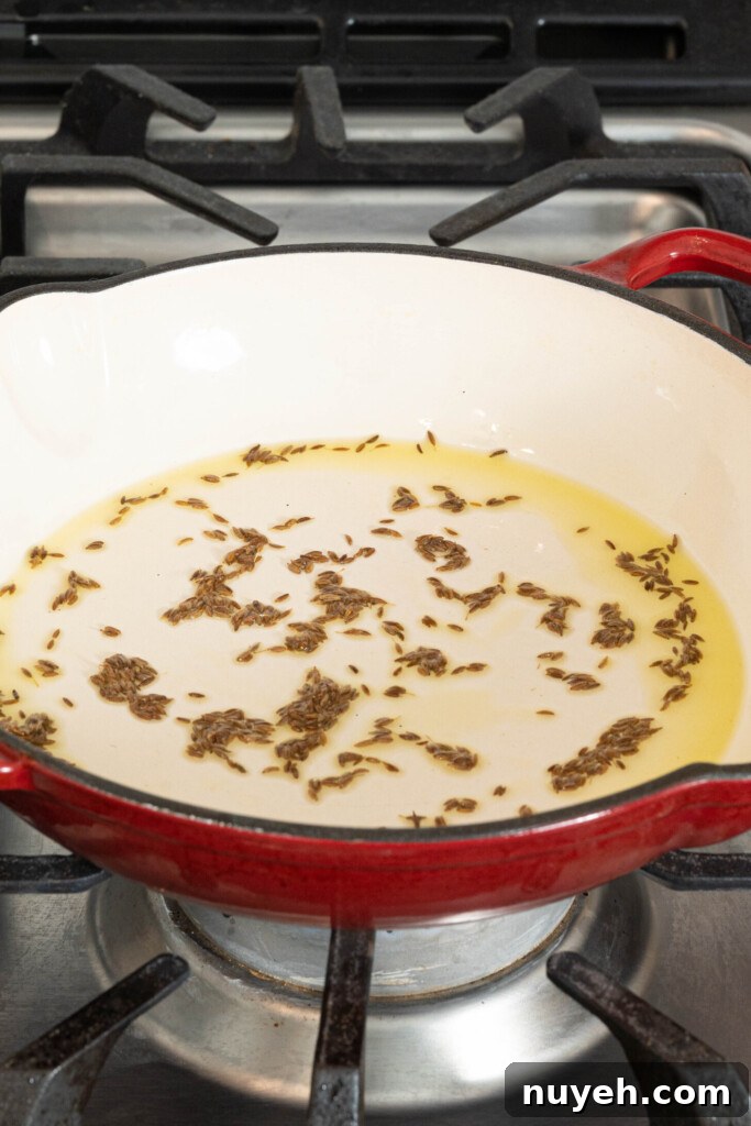 cumin seeds with oil in a pan on a stovetop