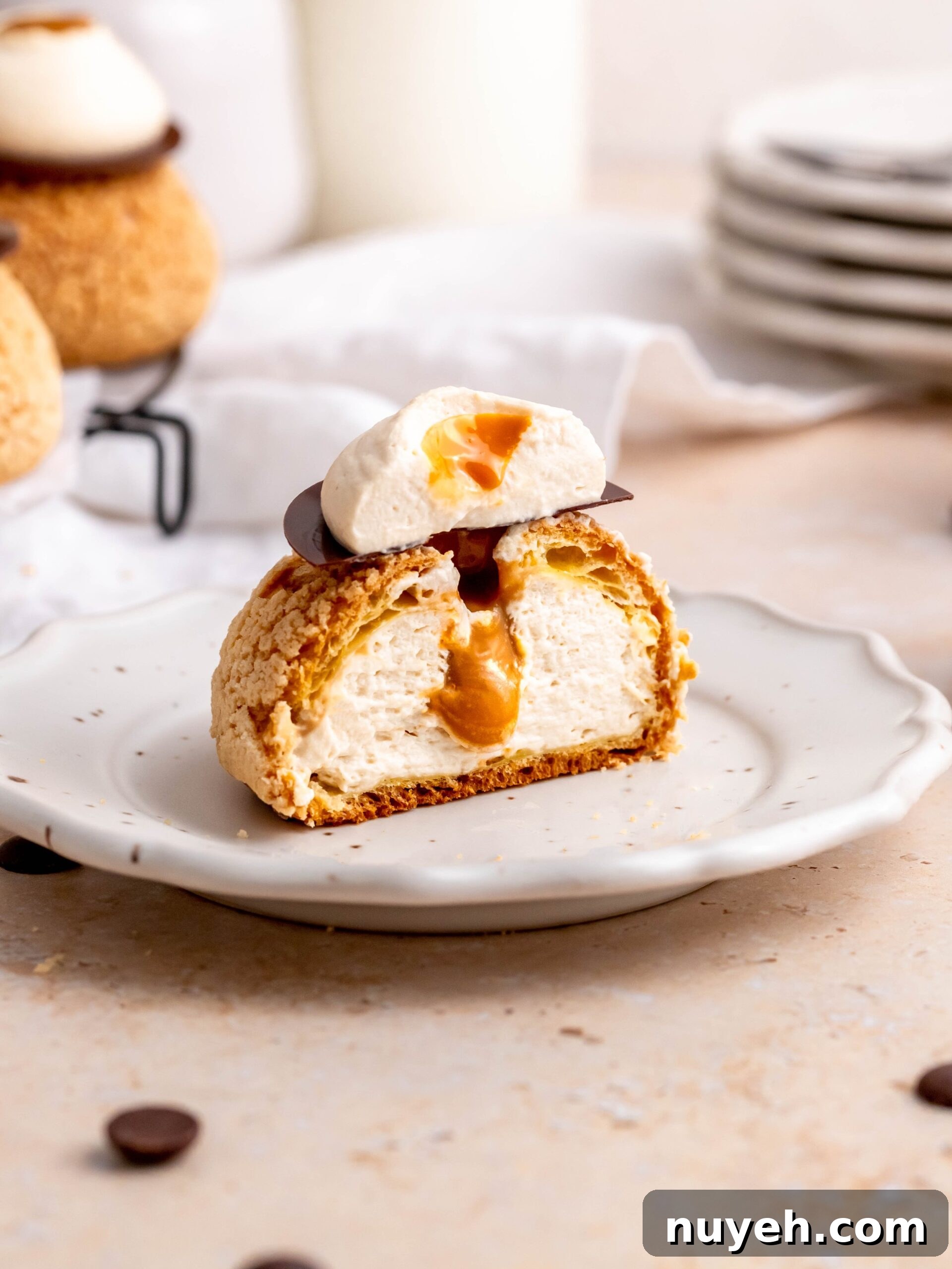 Choux au Craquelin with Coffee and Salted Dulce de Leche on a plate