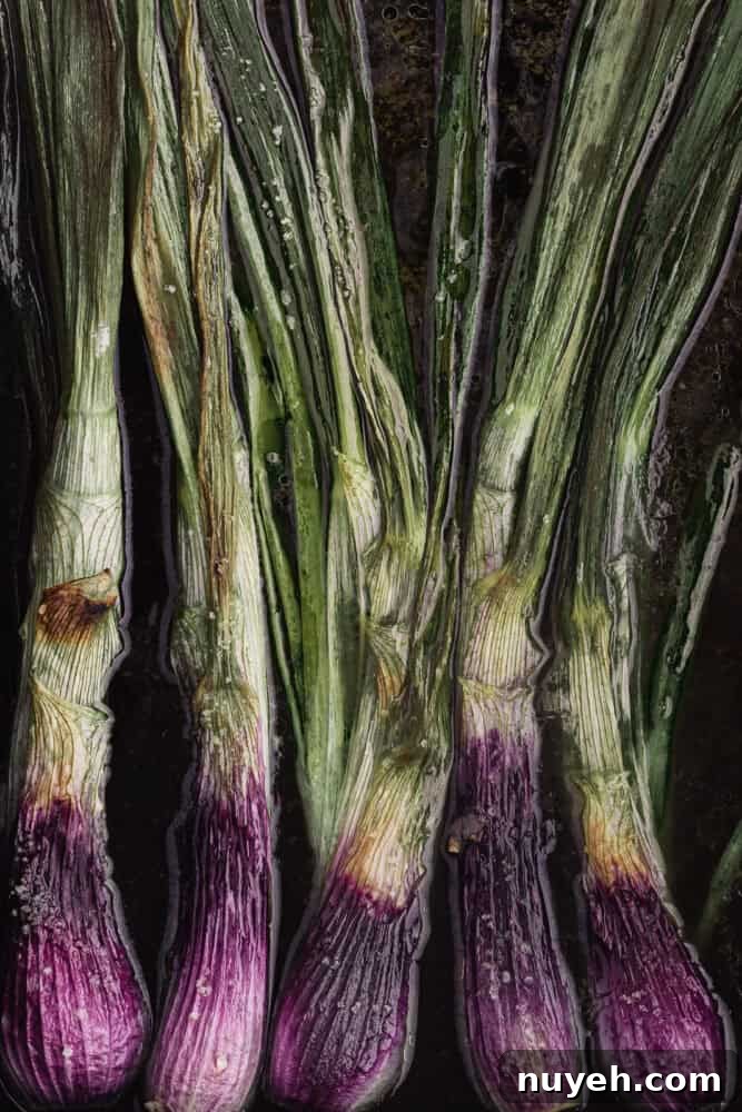 Purple spring onion confit — caramelized bulbs and silky greens glistening in olive oil after slow-roasting