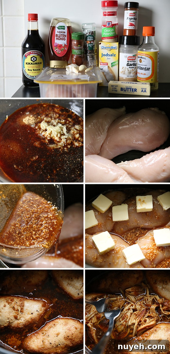 7-photo picture collage of step-by-step photos of how to make Slow Cooker Honey Garlic Chicken.