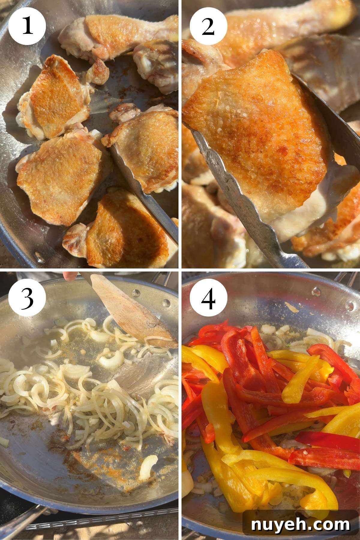 Four photos in a collage showing how to brown chicken and saute onions and bell peppers.