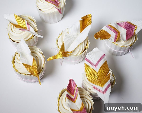 How to Make Cupcakes with Edible Gold Feathers 12 DIY Gold Feather Cupcakes | a cake tutorial by Cakegirls for TheCakeBlog.com