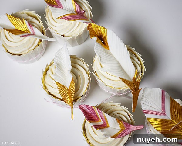 How to Make Cupcakes with Edible Gold Feathers 3 DIY Gold Feather Cupcakes | a cake tutorial by Cakegirls for TheCakeBlog.com