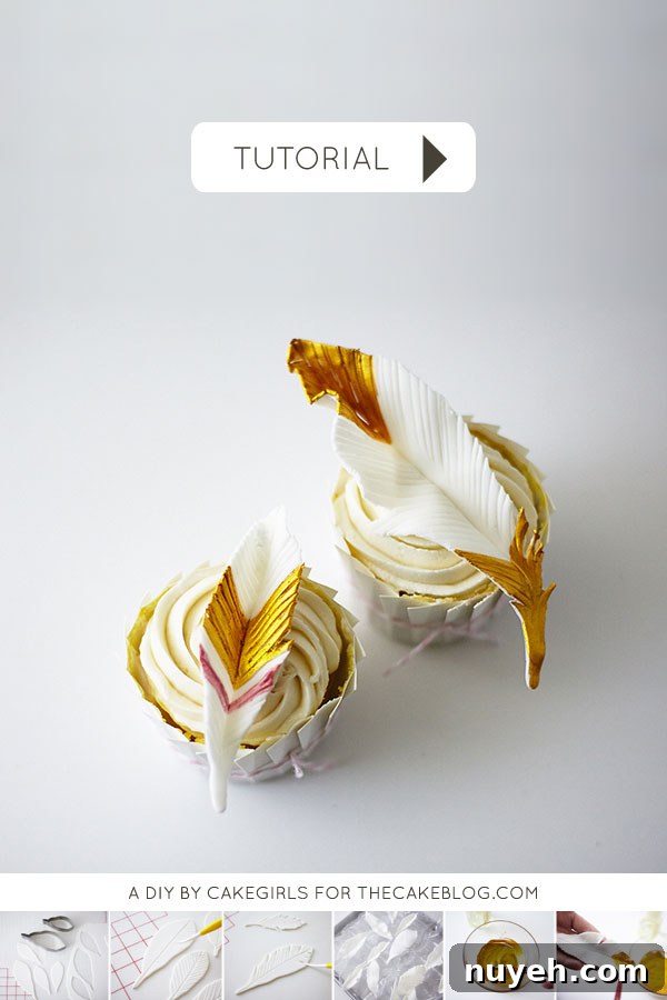 How to Make Cupcakes with Edible Gold Feathers 4 DIY Gold Feather Cupcakes | a cake tutorial by Cakegirls for TheCakeBlog.com
