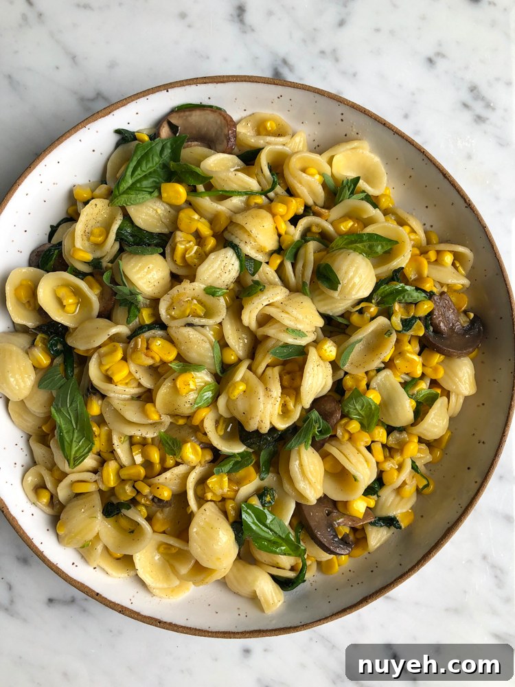 Orecchiette With Corn and Spinach — a simple pasta with sweet corn, spinach and mushrooms