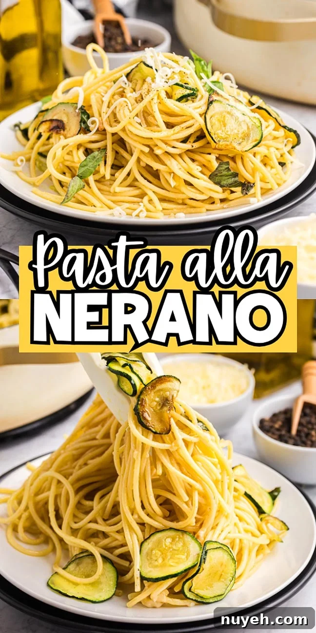 Plate of spaghetti with zucchini slices, showcasing the classic pasta alla Nerano, titled in bold letters across the center.