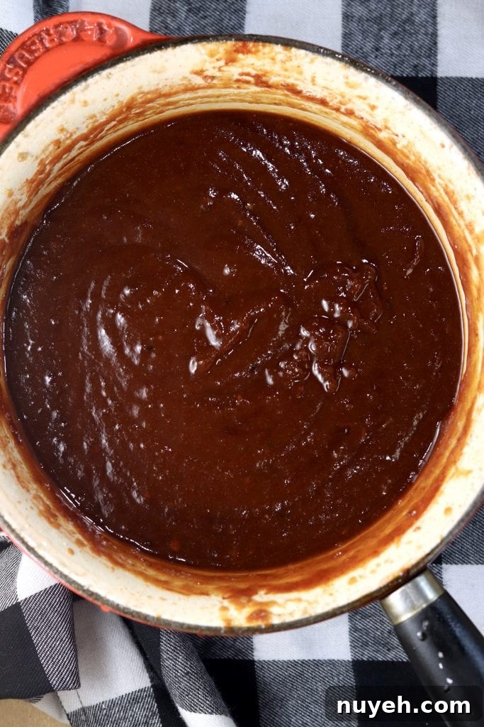 Pan of homemade bbq sauce - overhead view