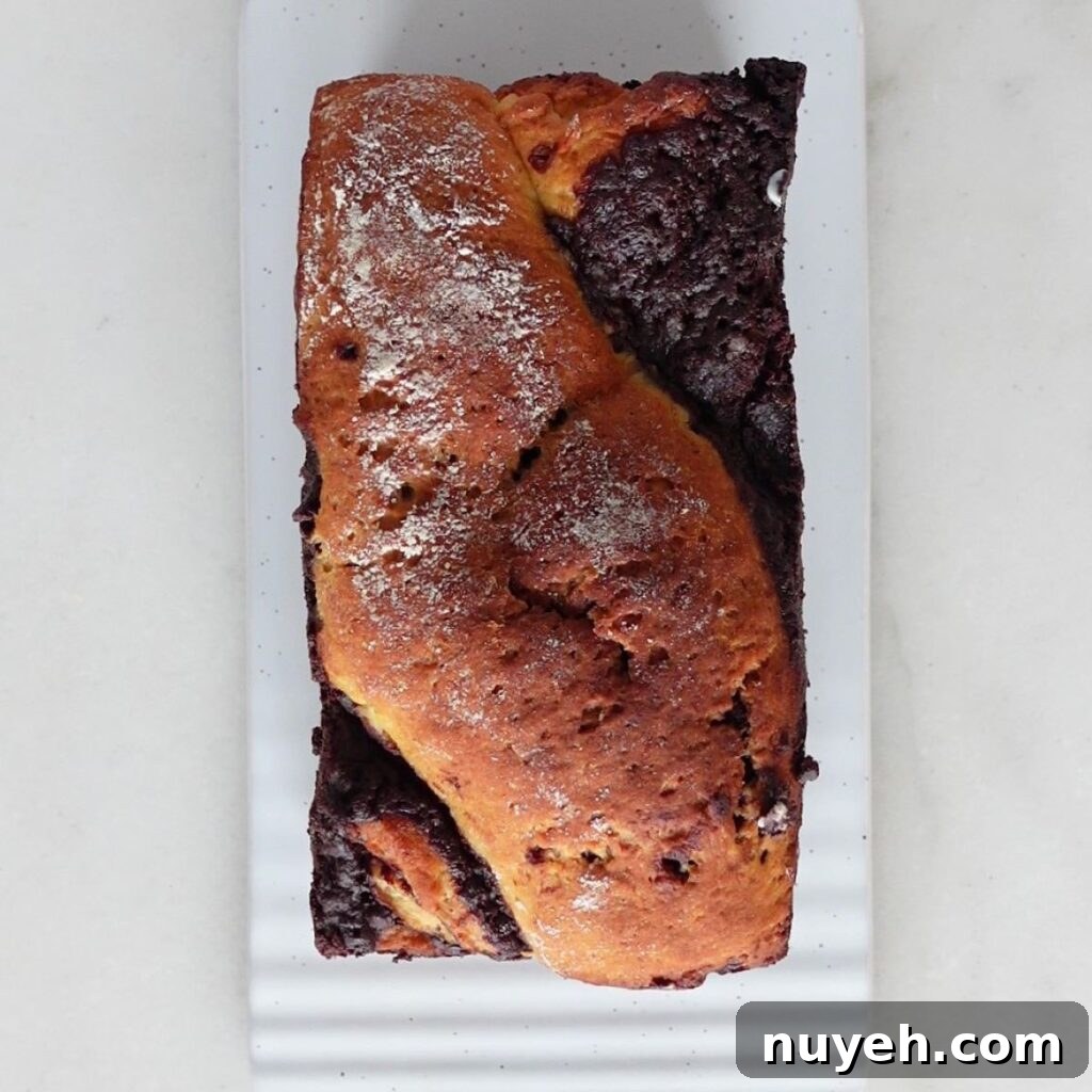 baked chocolate babka on rectangular serving platter.