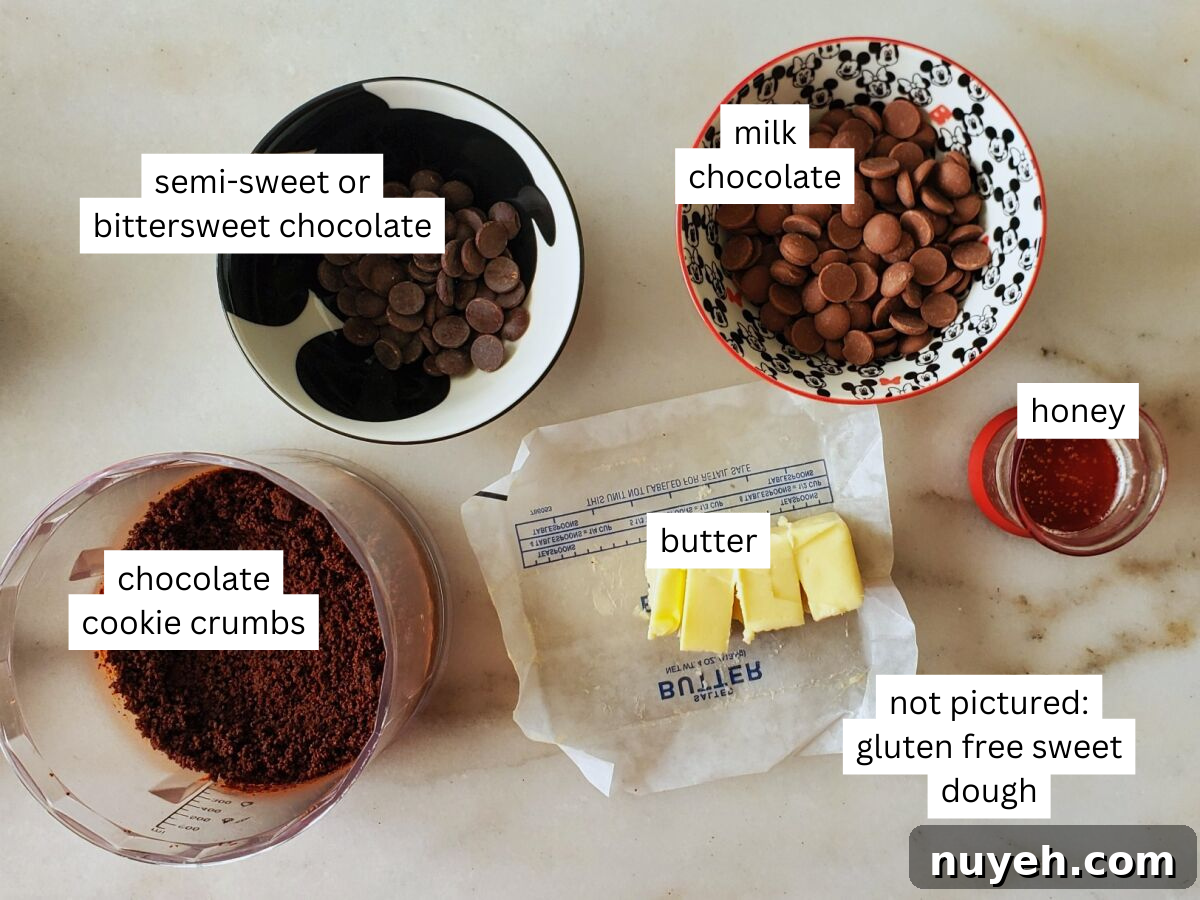 ingredients for filling measured out and labeled on white marble counter.