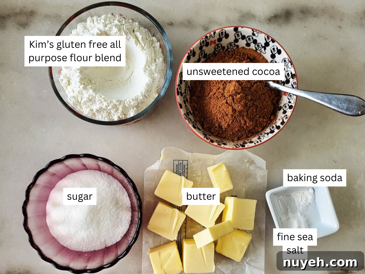 chocolate cookie ingredients measured out and labeled on white marble counter.