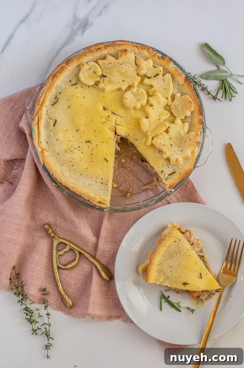 gluten free chicken pot pie in a pie pan and on a plate