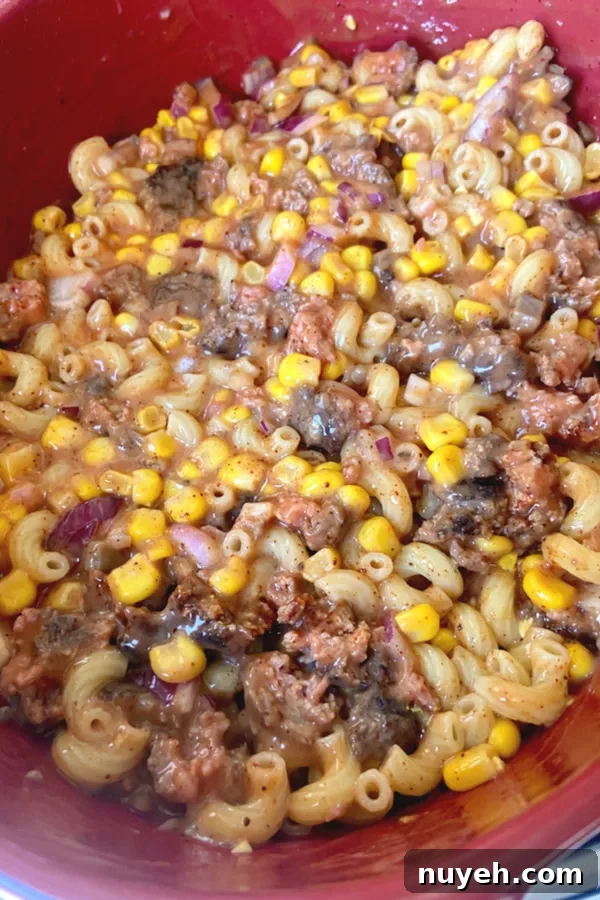 hamburger casserole in baking dish 