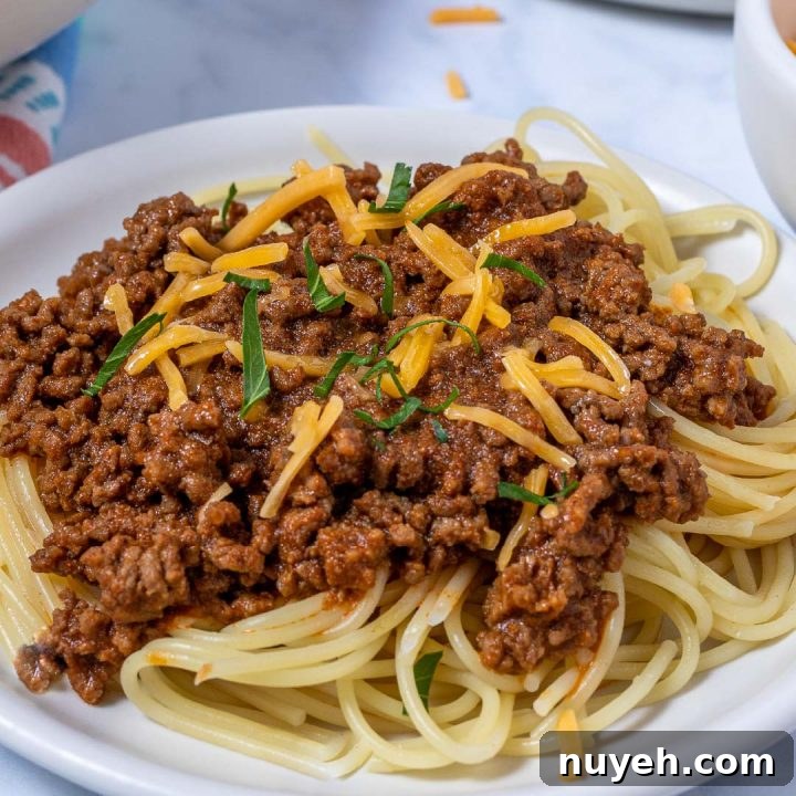 Terlingua chili over spaghetti garnished with cheese
