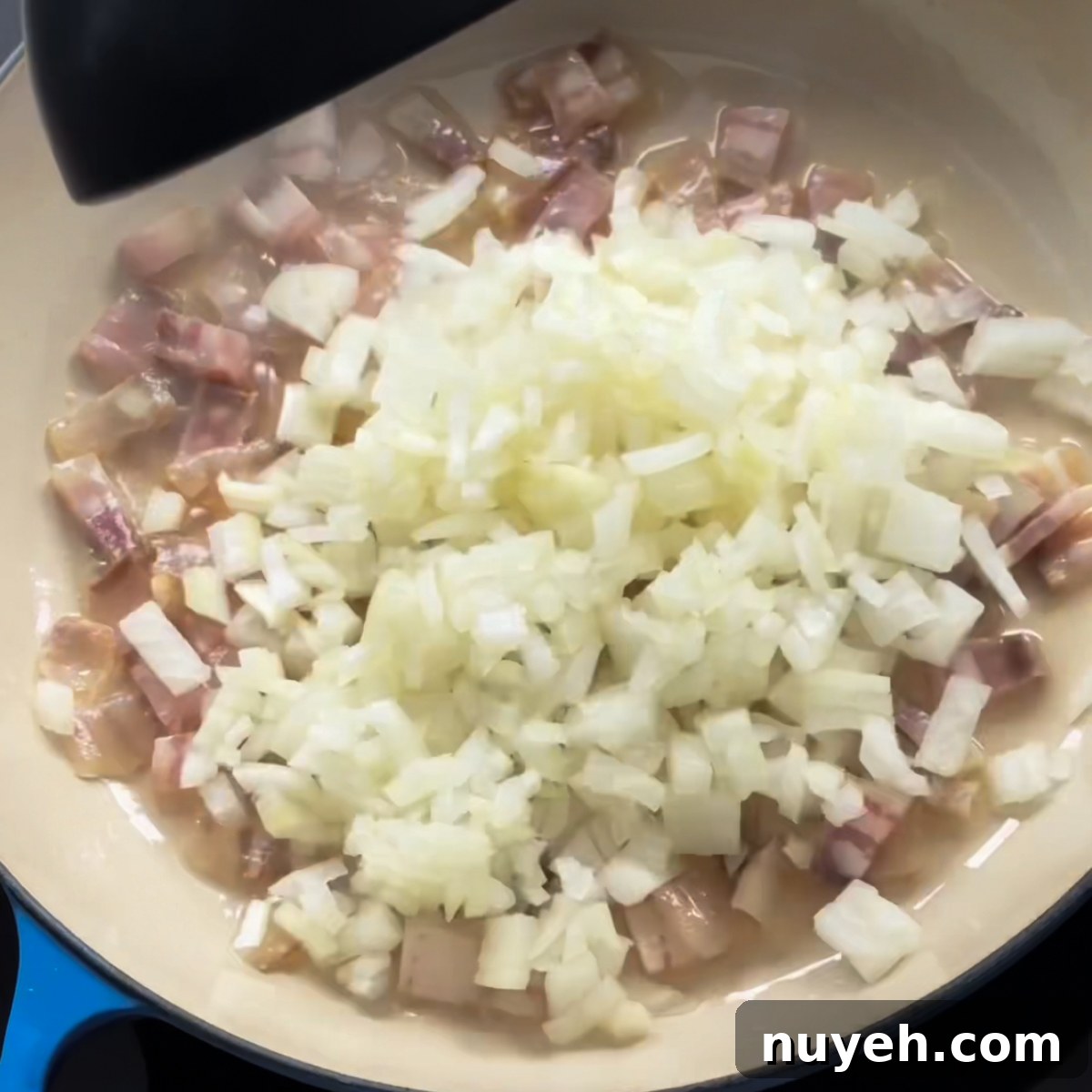 Classic Creamy Carbonara Recipe with Pancetta 4 Sauté smoked bacon and diced onion