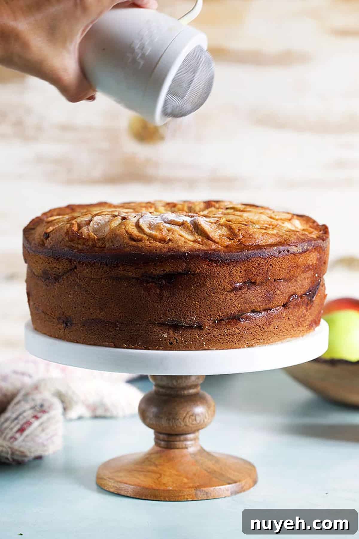 Traditional Jewish Apple Cake Recipe 3 Jewish apple cake on a marble cake plate.