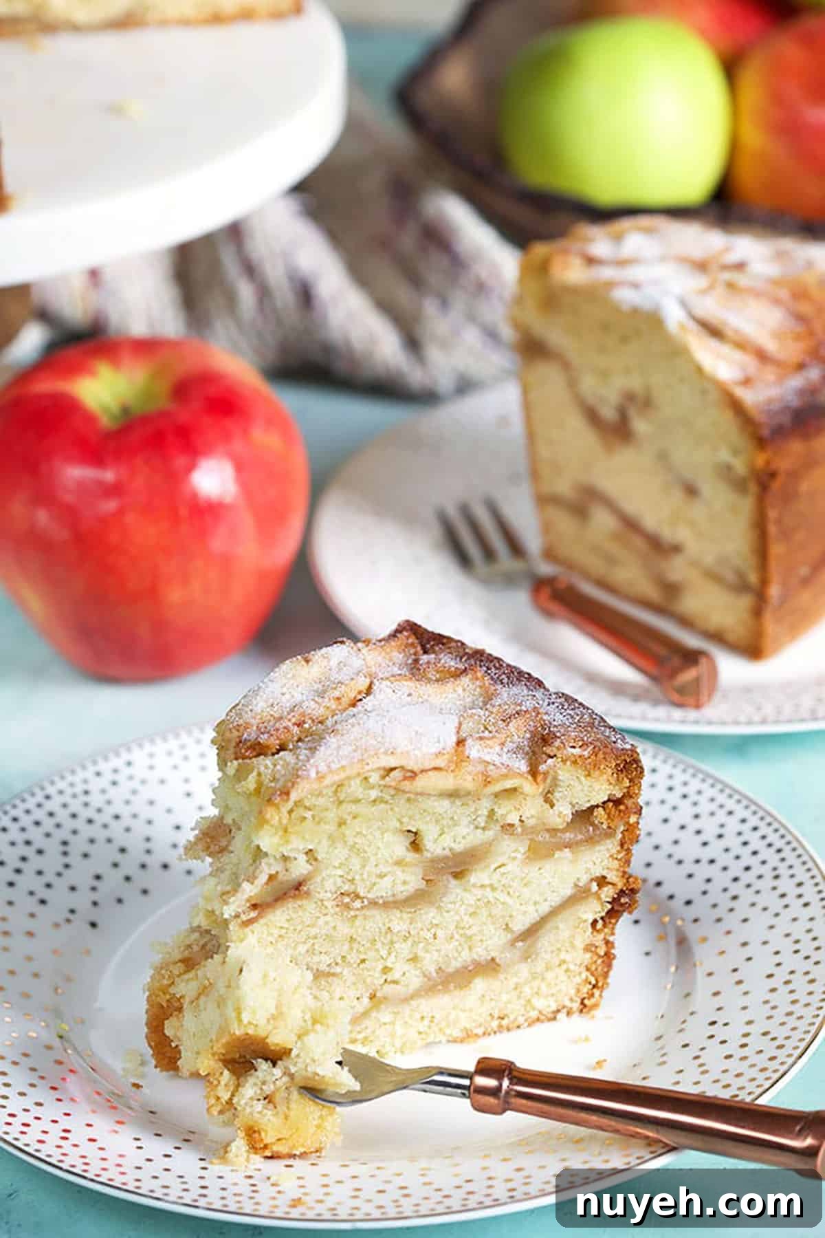 Traditional Jewish Apple Cake Recipe 5 Slice of apple cake with a bite taken out.