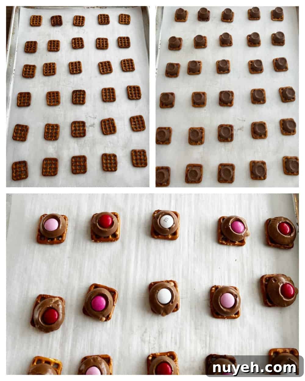 how to make pretzels topped with Rolos and chocolate candies collage.