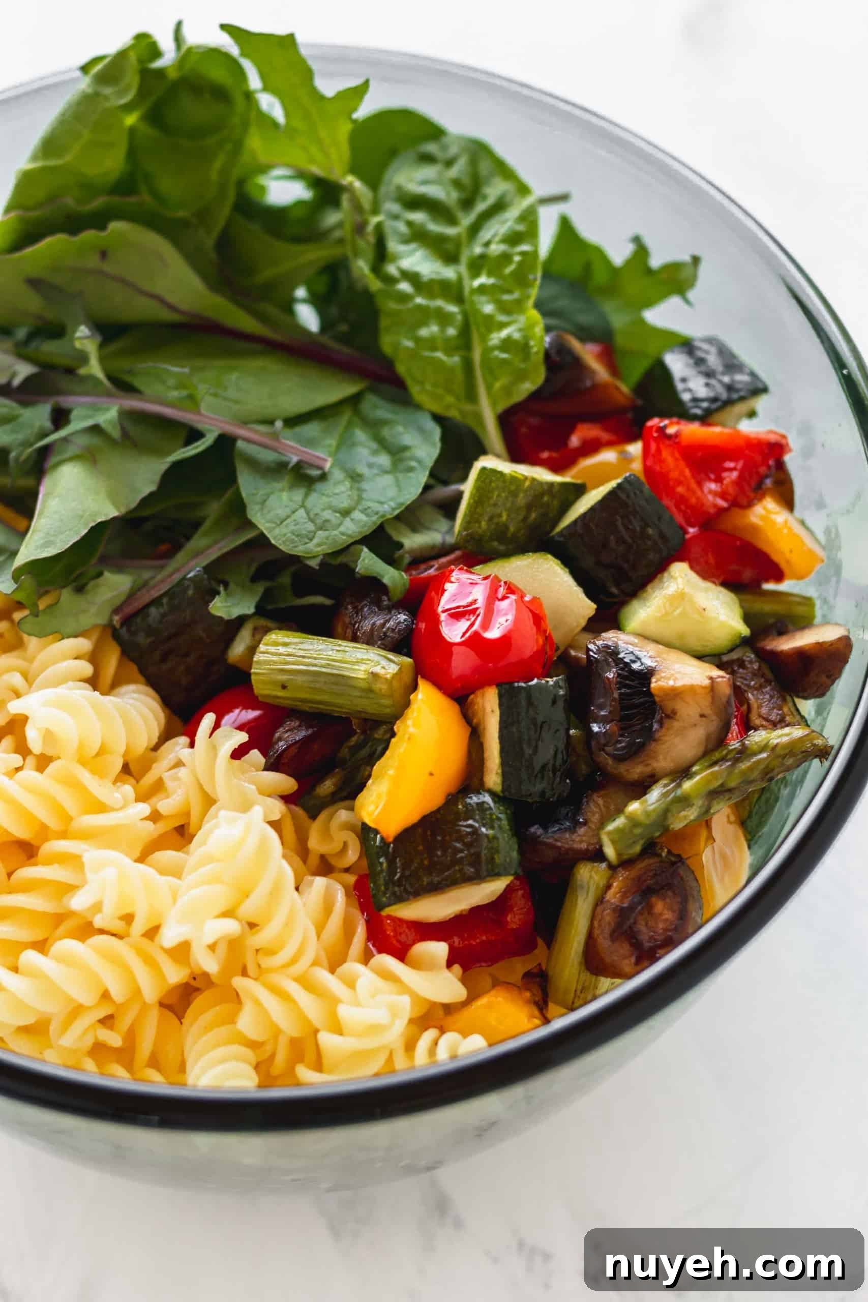 Ingredients for pasta salad in a bowl