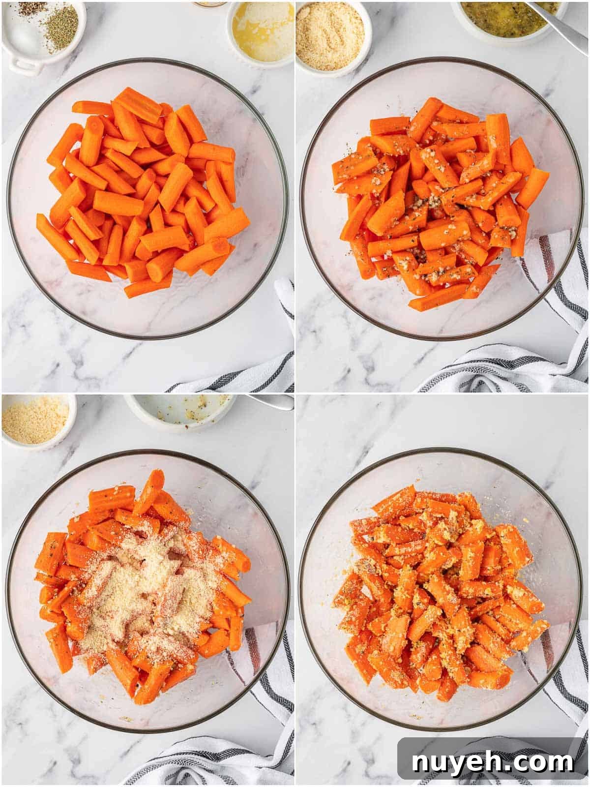 How to cut and season carrots for oven roasting.